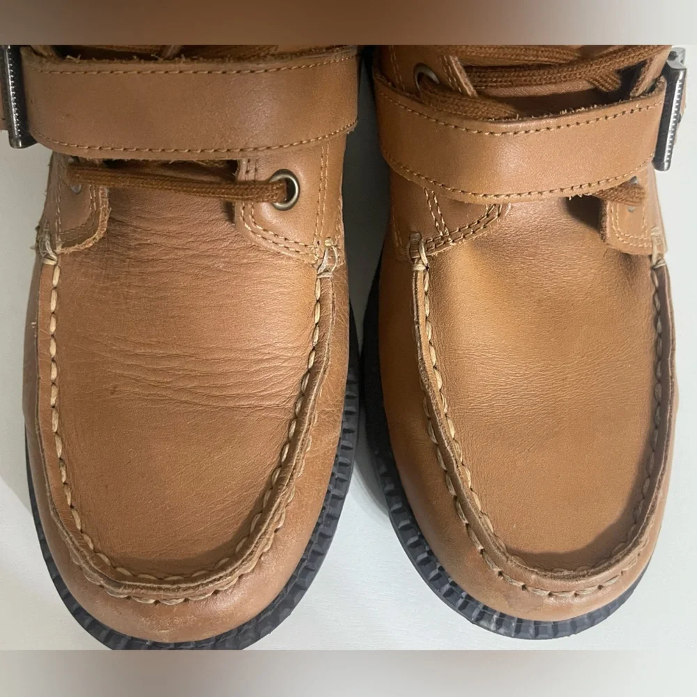Ralph Lauren Tan Leather Ranger Buckled Lace up‎ Boots with Teal Lining Size 6